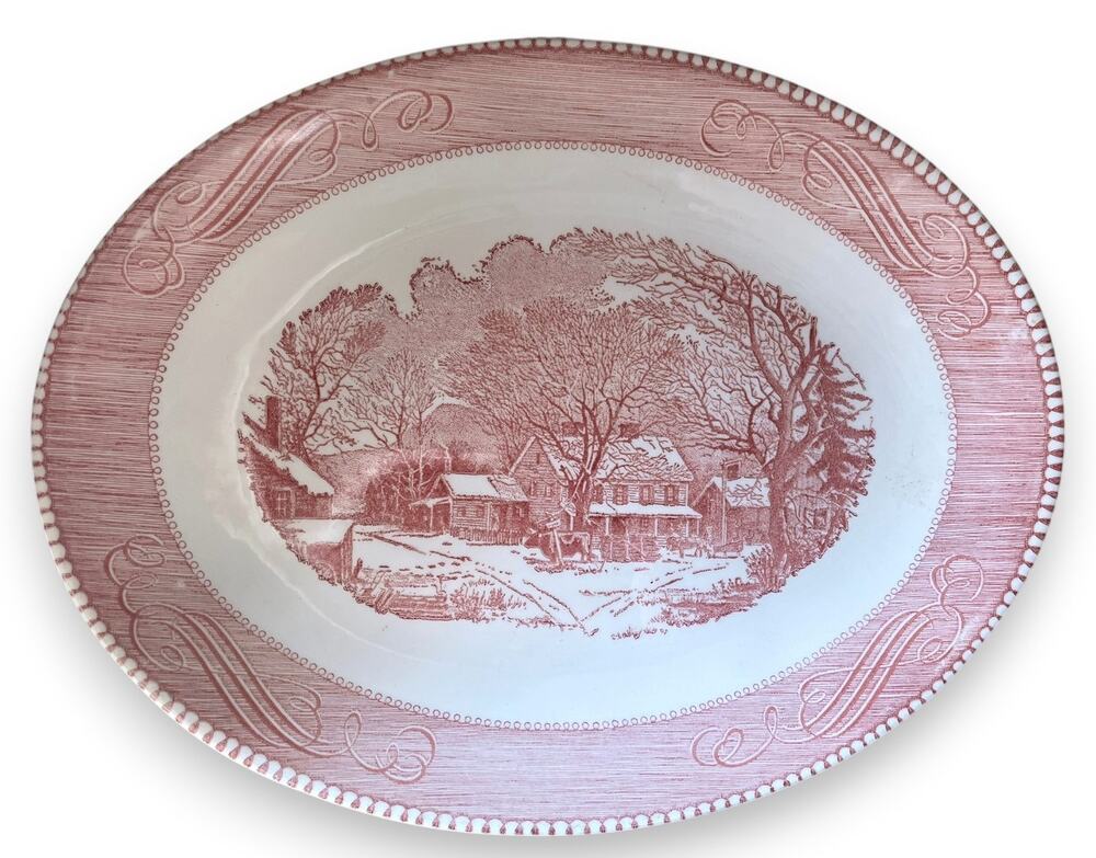 Vintage Royal China Currier & Ives Pink Oval Serving Platter | EUC